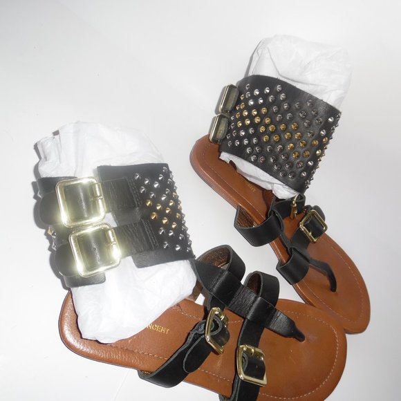 Cynthia Vincent Studded Buckle Black Leather Gladiator Ankle Flats Sandal 7.5 - Picture 6 of 10